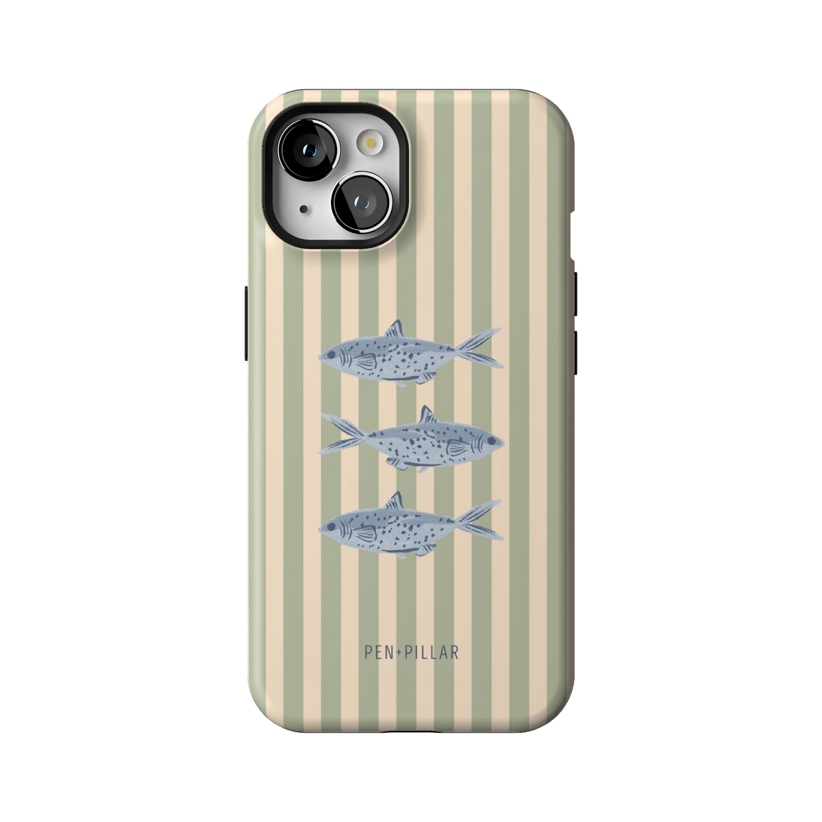 Sea Stripes case on iPhone 13, back view: blue fish on sage and cream stripes