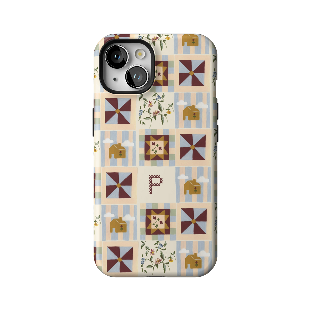 Pinwheel Personalized case on iPhone 13, back view: burgundy pinwheel quilt blocks on blue stripes with the initial P