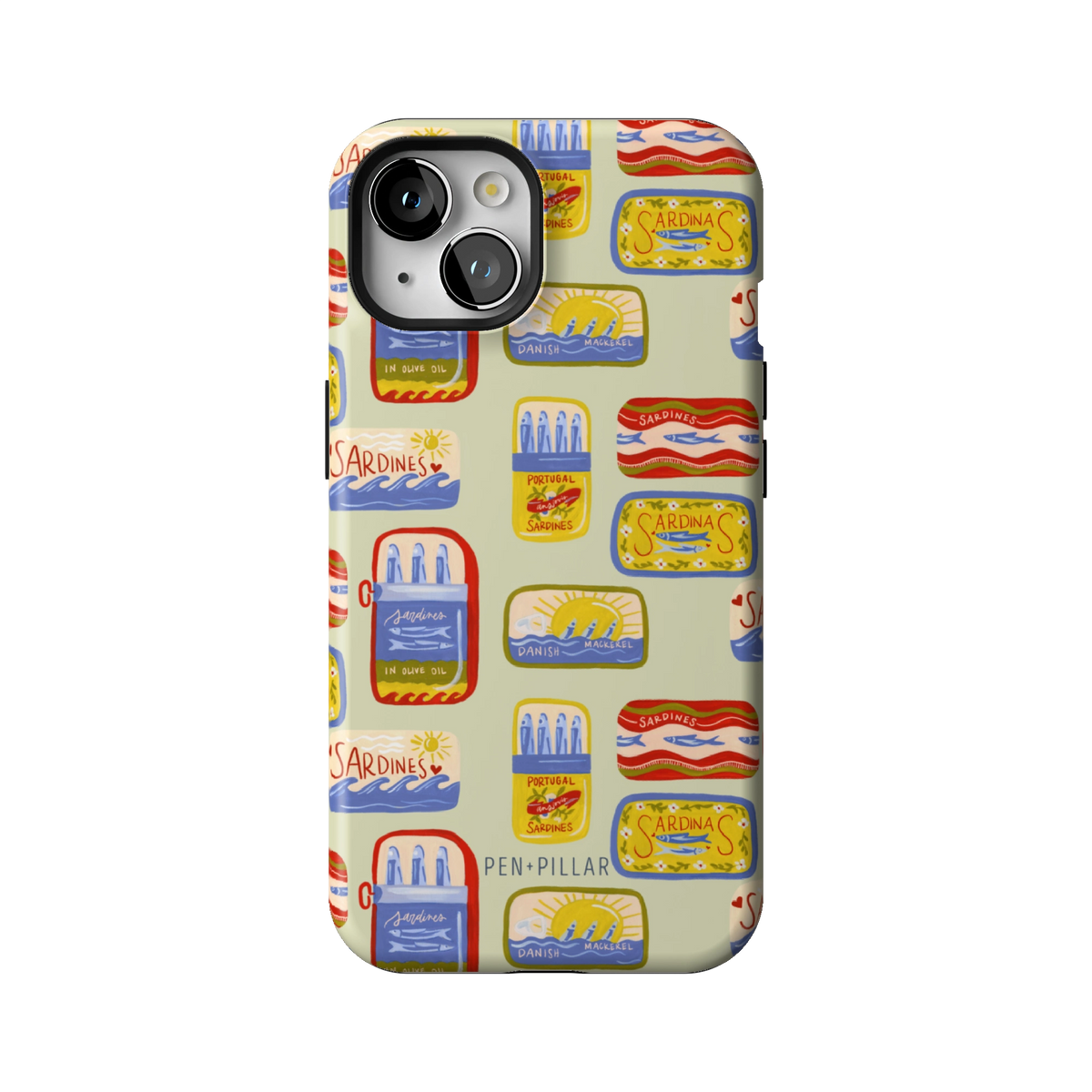 Sardines case on iPhone 13, back view: vintage sardine tins on pale sage