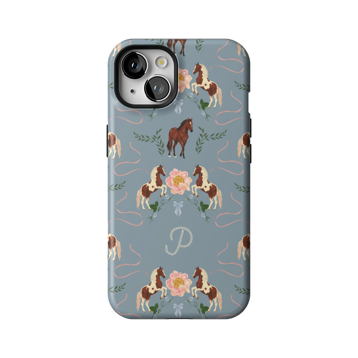 Prairie Personalized case on iPhone 13, back view: horses and blush florals on dusty blue with the initial P