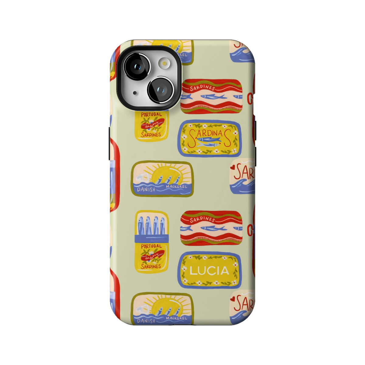 Sardines Personalized case on iPhone 13, back view: vintage sardine tins on pale sage with the name Lucia