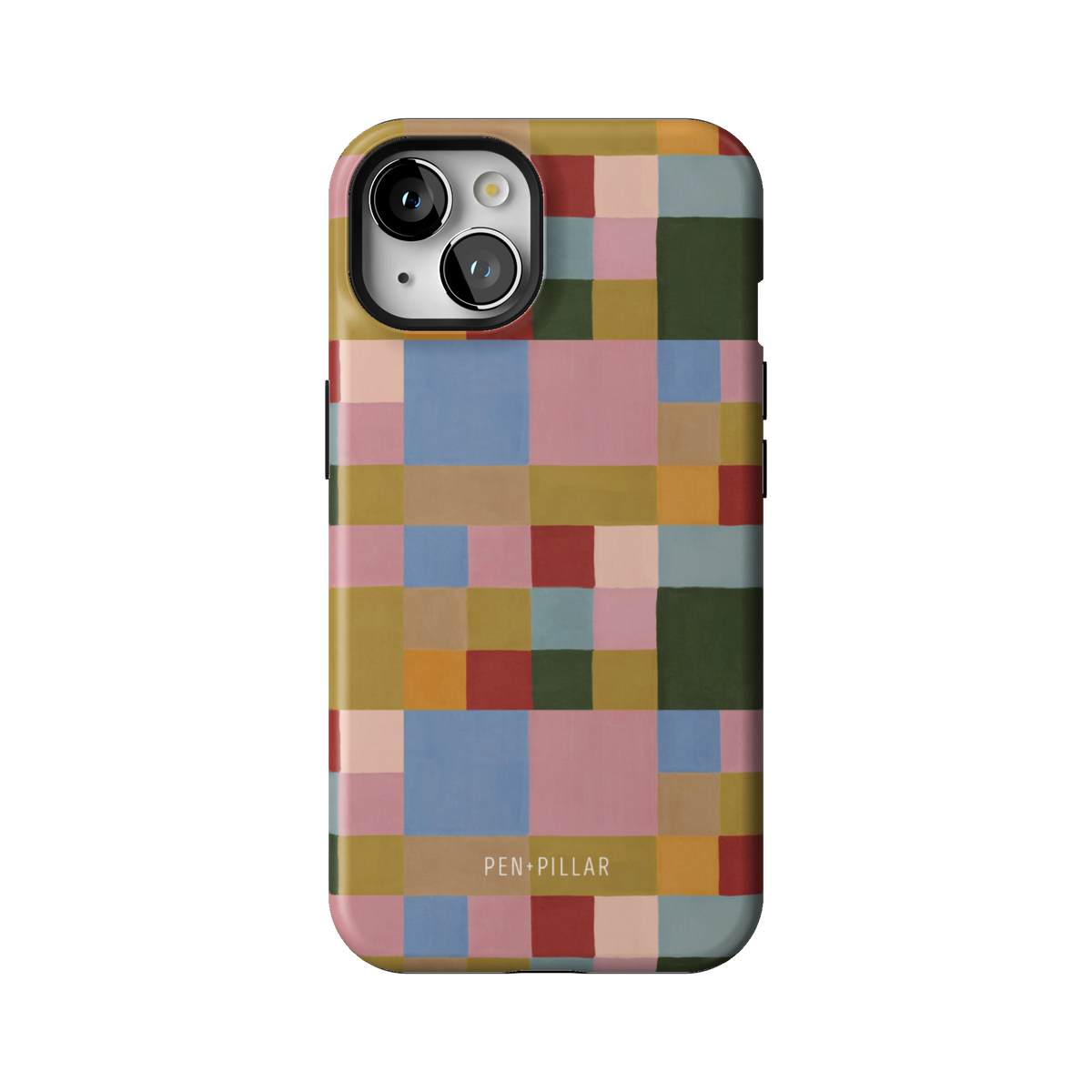Colorblock case on iPhone 13, back view: painterly squares in blush, sky blue, mustard, rust and forest green