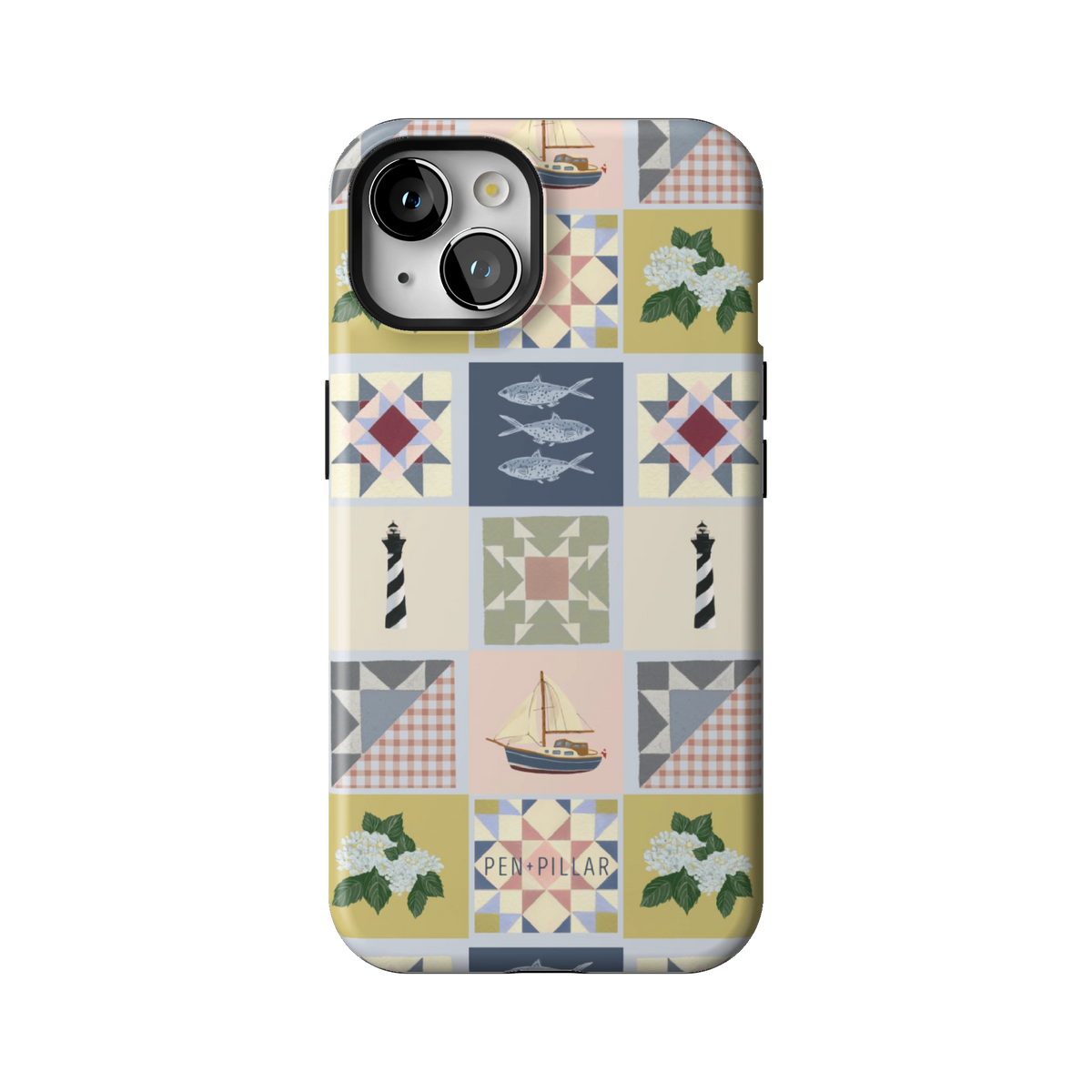 Coastal Quilt case on iPhone 13, back view: quilt blocks with sailboats, fish, a lighthouse and hydrangeas in navy, sage and blush