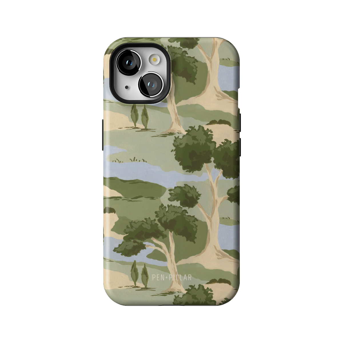 Orchard case on iPhone 13, back view: rolling green trees and winding blue streams on cream