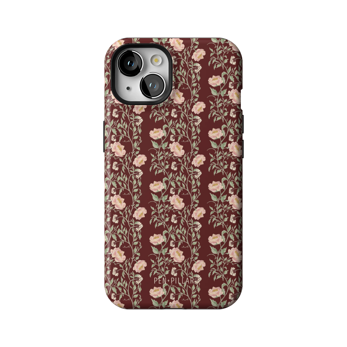 Thicket case on iPhone 13, back view: dense blush and cream florals on deep burgundy