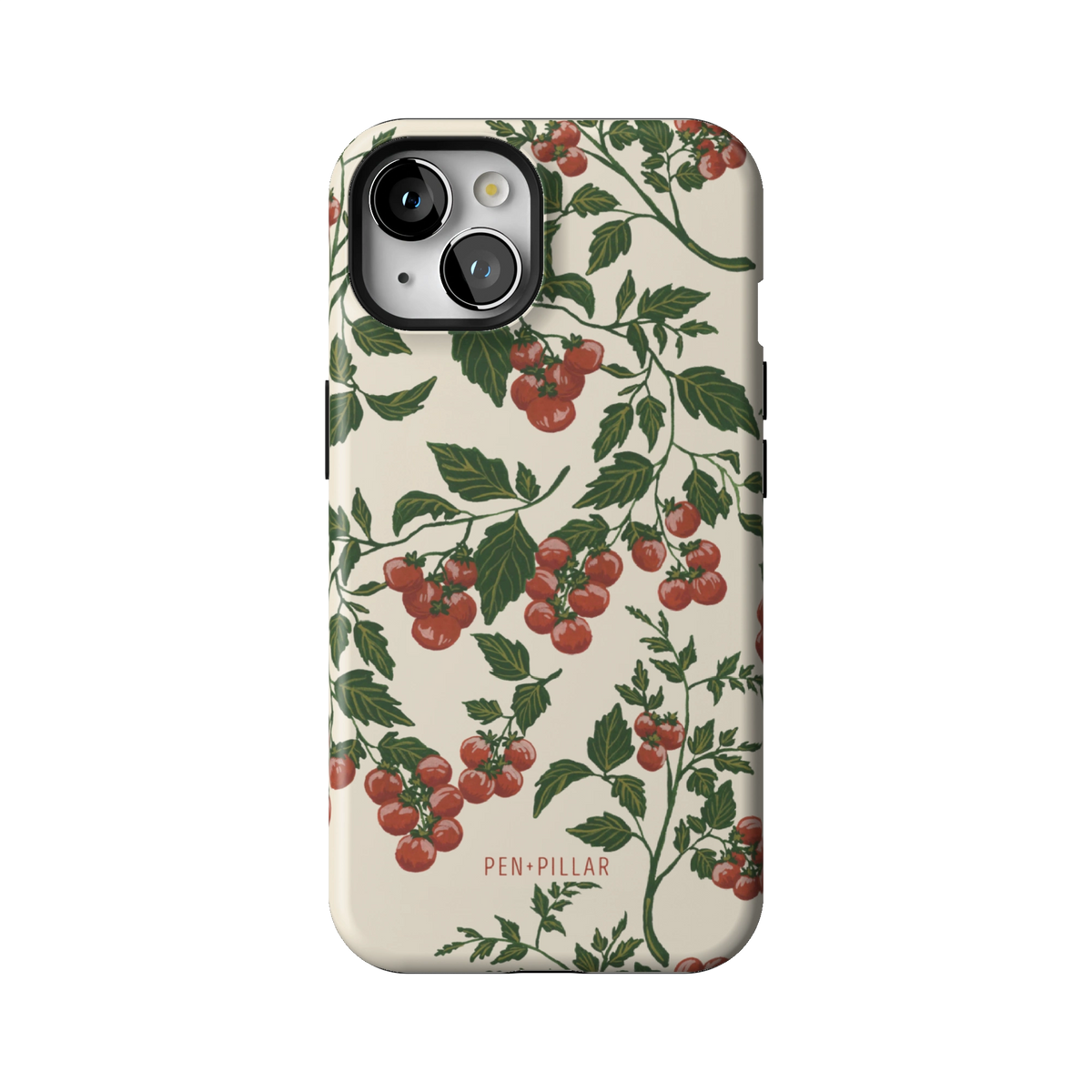 Tomato Vines case on iPhone 13, back view: red tomatoes on leafy green vines over cream