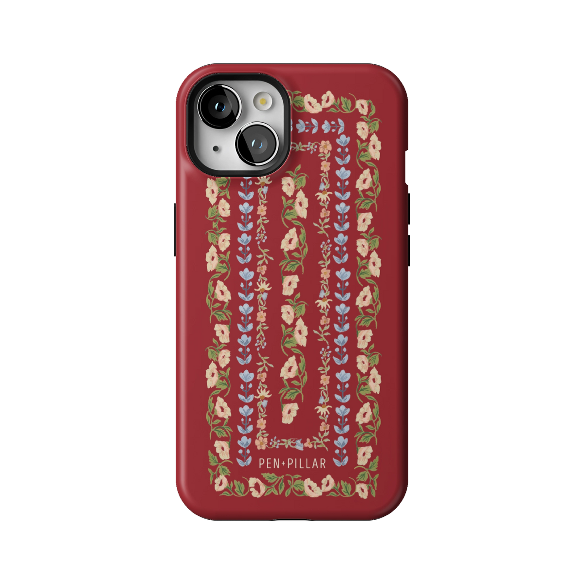 Fiona case on iPhone 13, back view: ornate floral stripes in cream, blush and blue on rich red