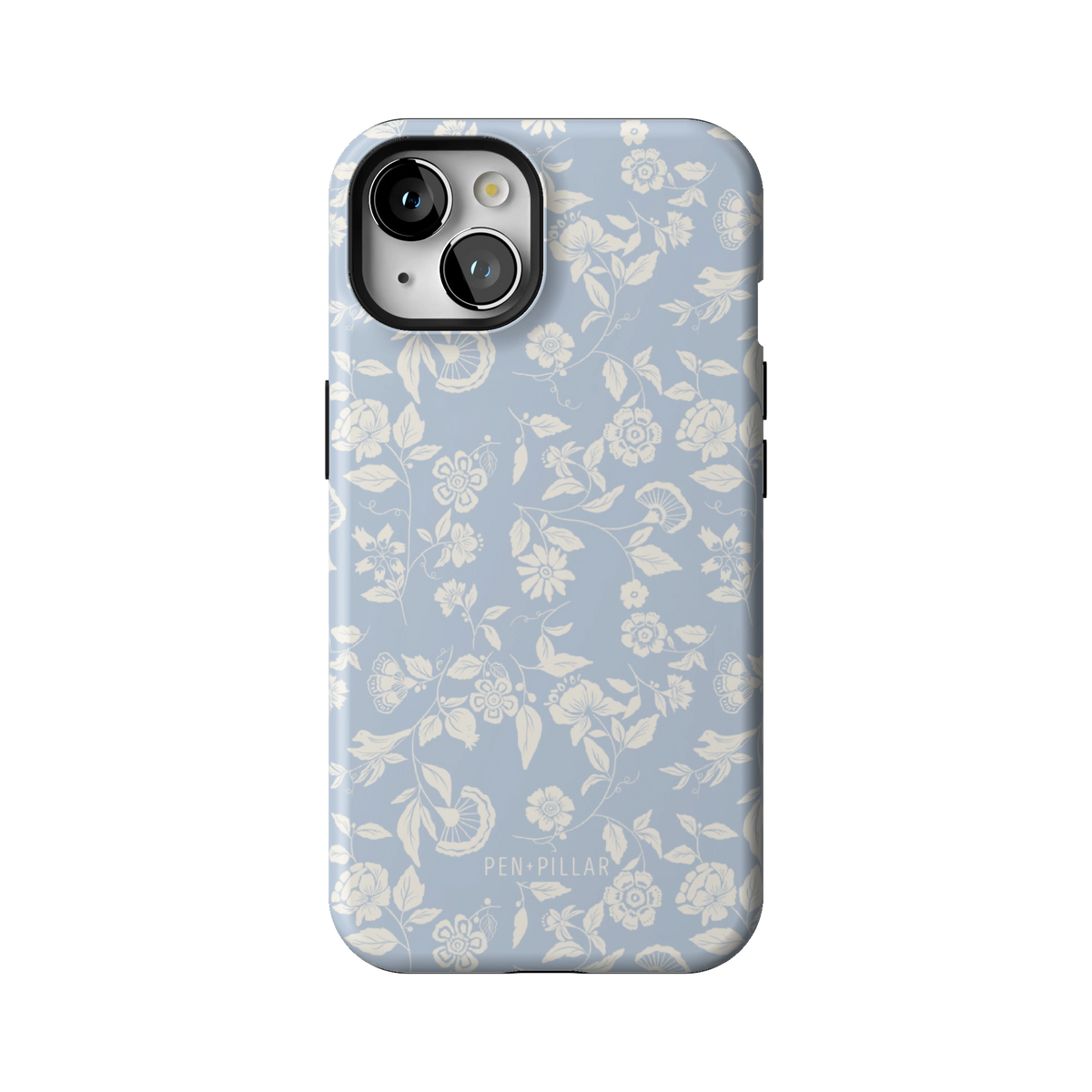 Spritz case on iPhone 13, back view: white florals on soft blue