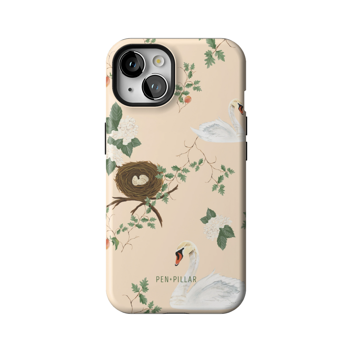 Swan Hollow case on iPhone 13, back view: swans, a bird's nest and trailing greenery on cream