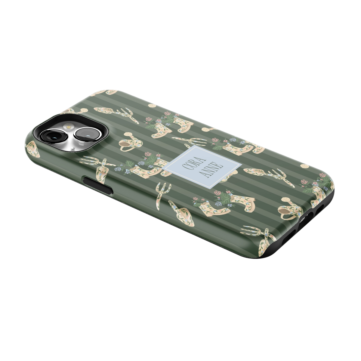 In the Garden Personalized iPhone 13 case lying at an angle, showing the side buttons and print wrapping the edges