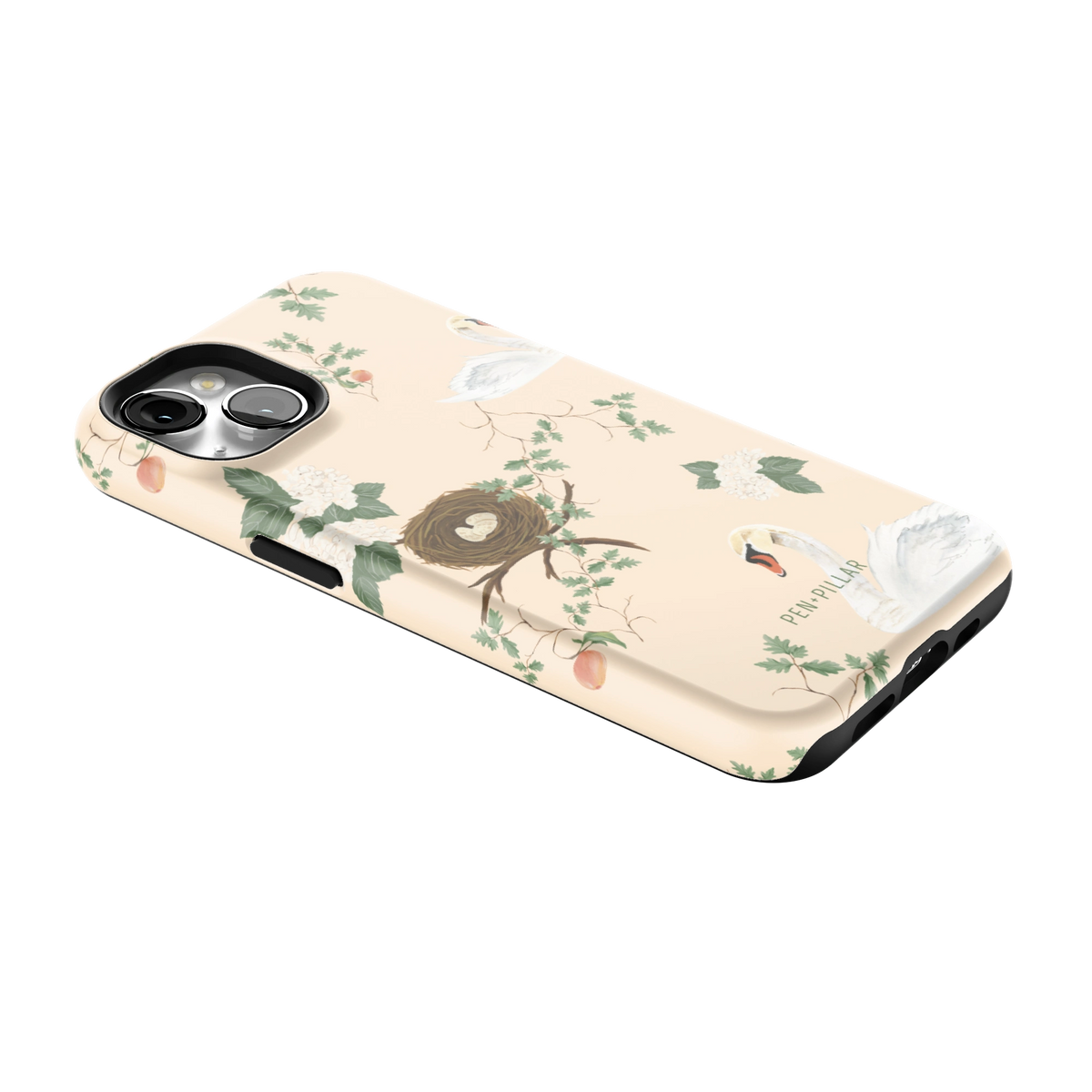 Swan Hollow iPhone 13 case lying at an angle, showing the side buttons and print wrapping the edges