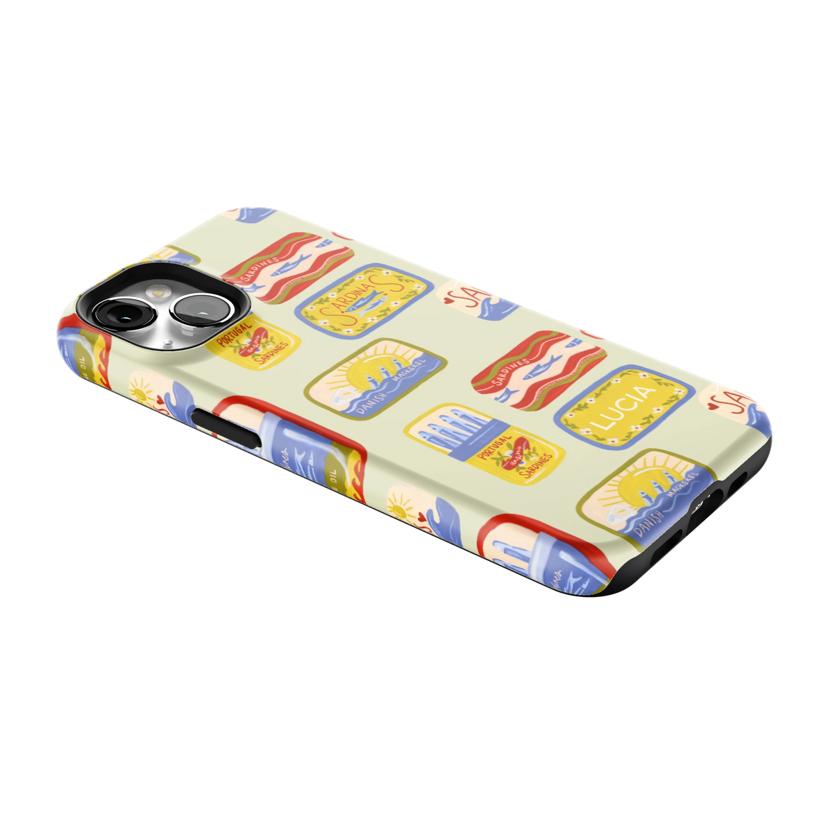 Sardines Personalized iPhone 13 case lying at an angle, showing the side buttons and print wrapping the edges