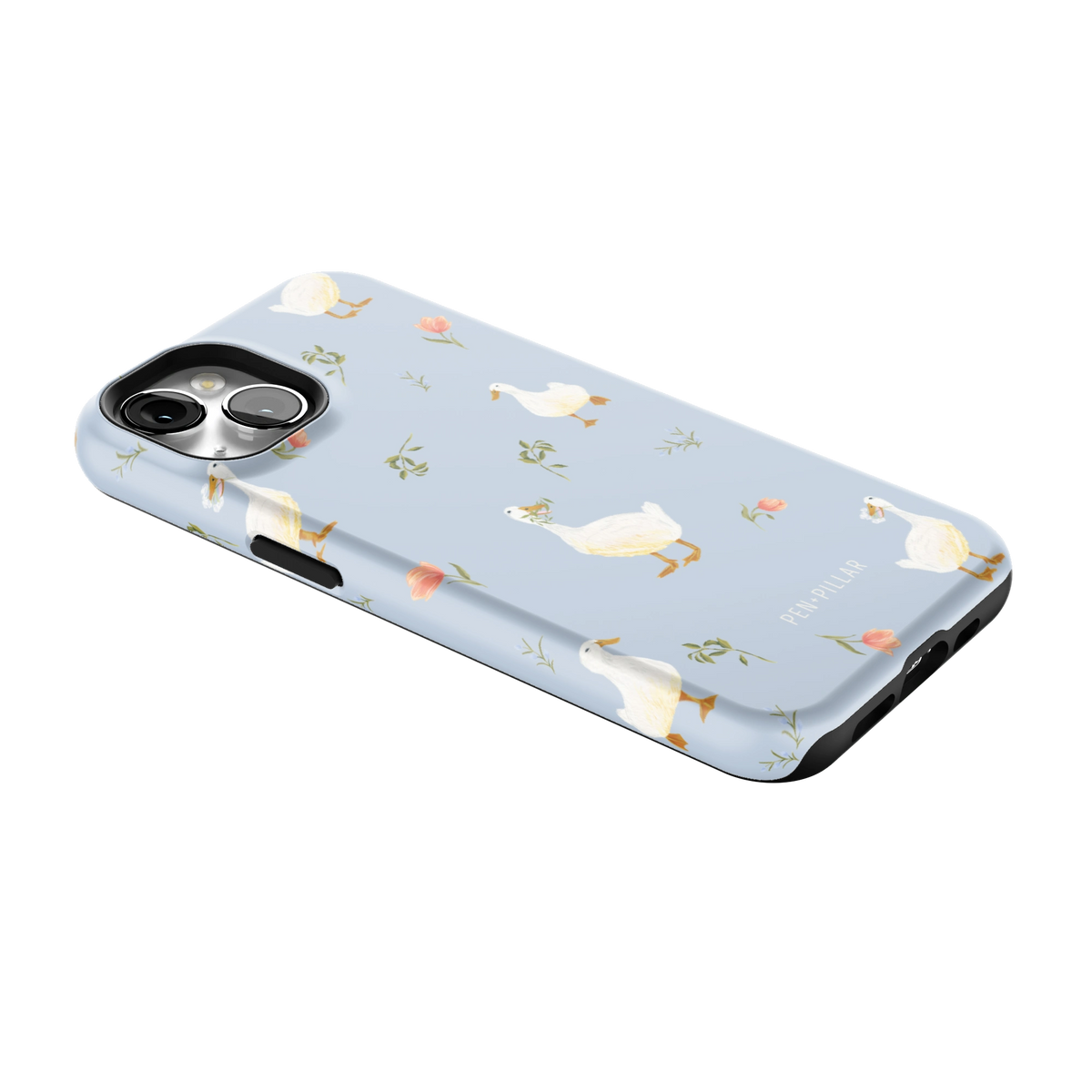 Ducks iPhone 13 case lying at an angle, showing the side buttons and print wrapping the edges