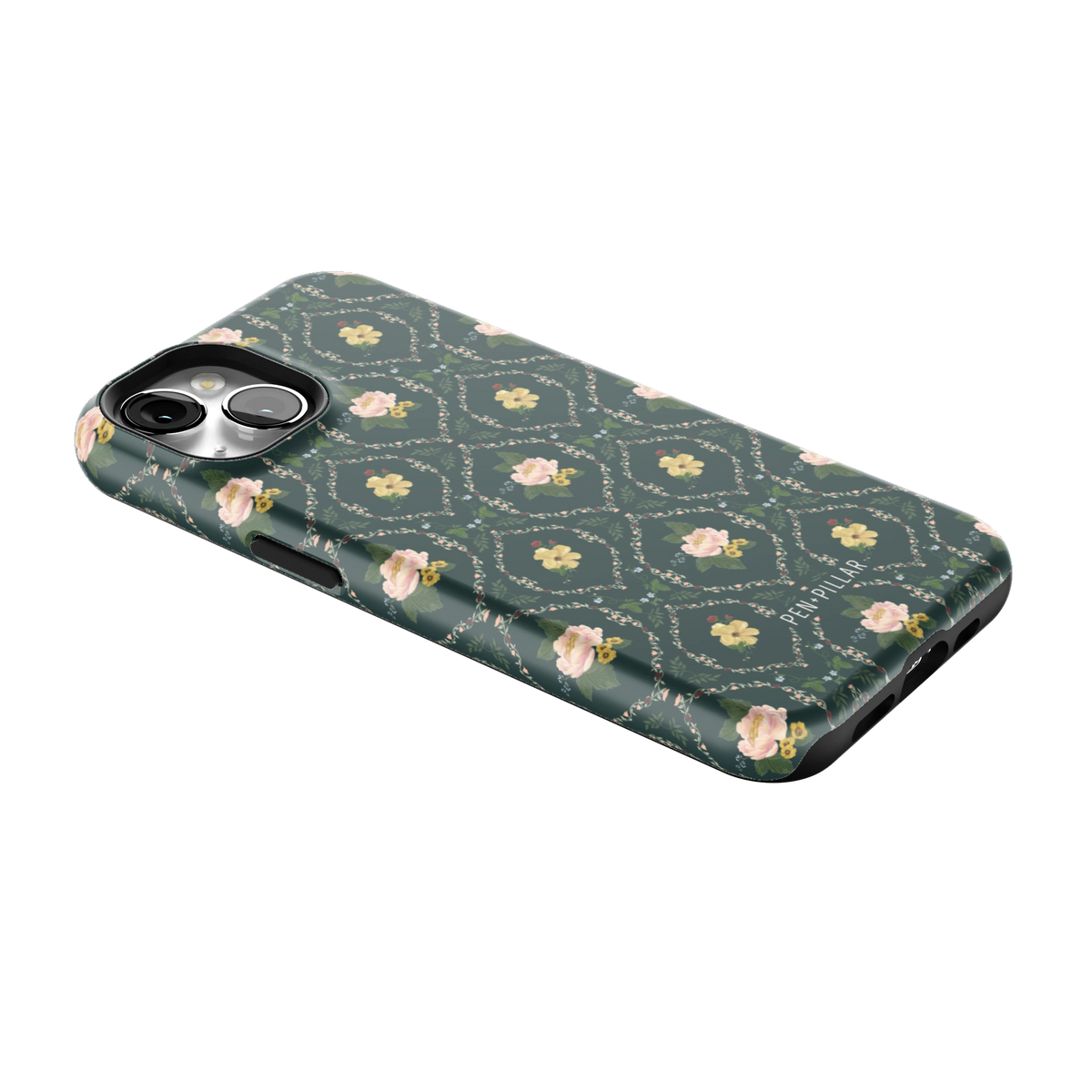 Meadow iPhone 13 case lying at an angle, showing the side buttons and print wrapping the edges