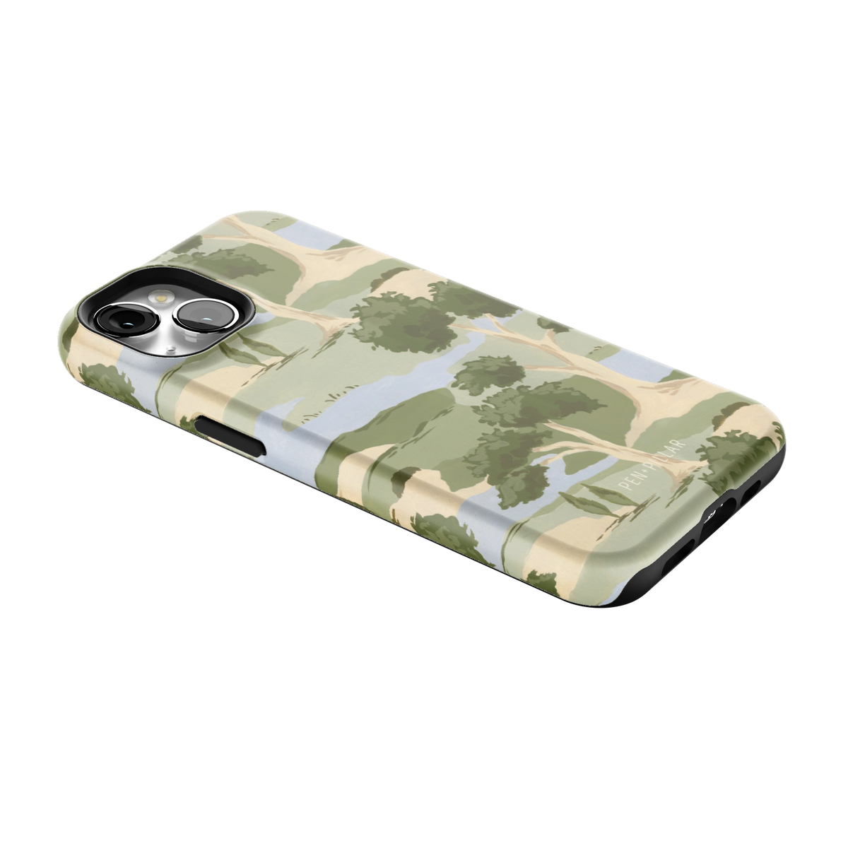Orchard iPhone 13 case lying at an angle, showing the side buttons and print wrapping the edges