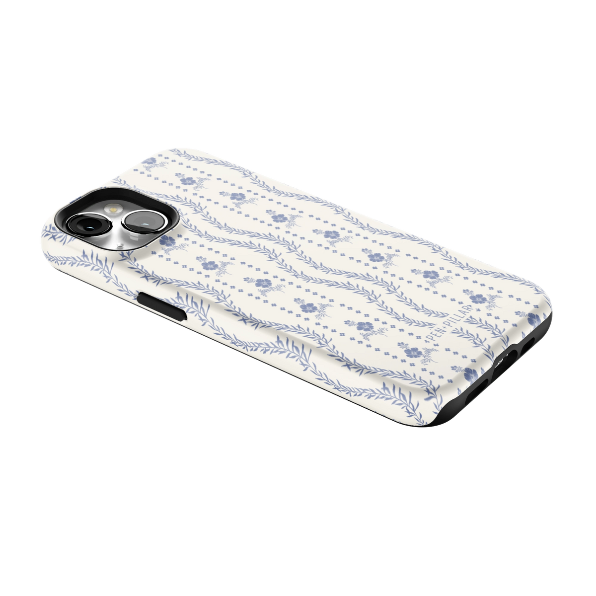 Riviera iPhone 13 case lying at an angle, showing the side buttons and print wrapping the edges