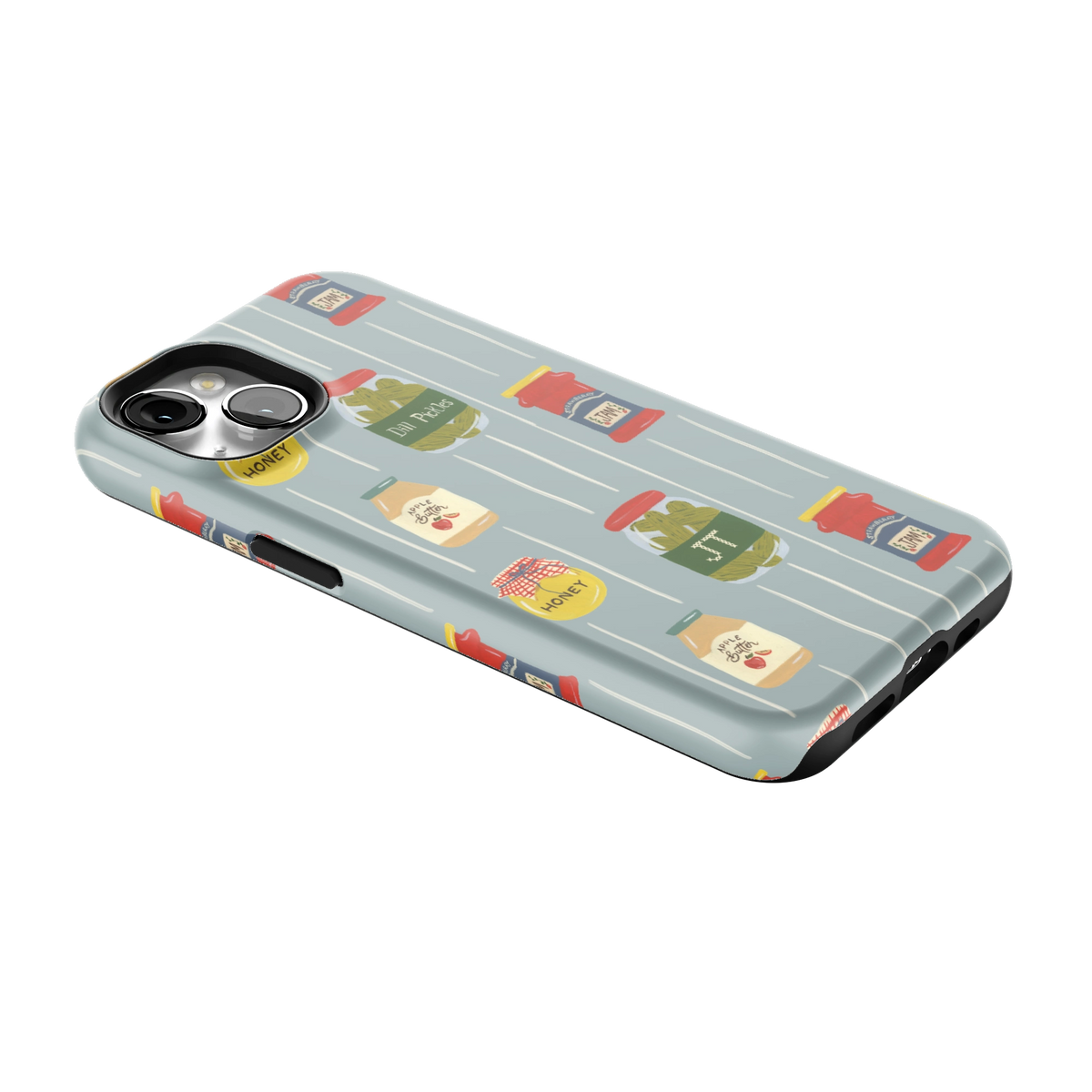 Preserves Personalized iPhone 13 case lying at an angle, showing the side buttons and print wrapping the edges