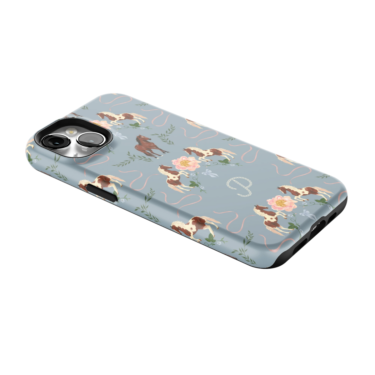 Prairie Personalized iPhone 13 case lying at an angle, showing the side buttons and print wrapping the edges