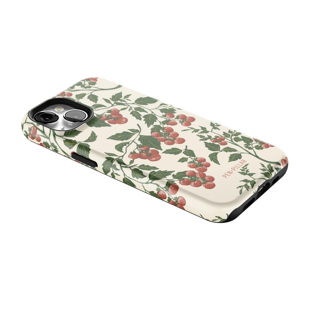 Tomato Vines iPhone 13 case lying at an angle, showing the side buttons and print wrapping the edges