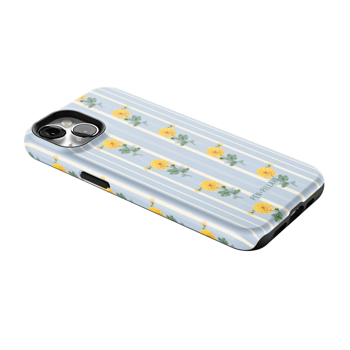 October Birth Month iPhone 13 case lying at an angle, showing the side buttons and print wrapping the edges