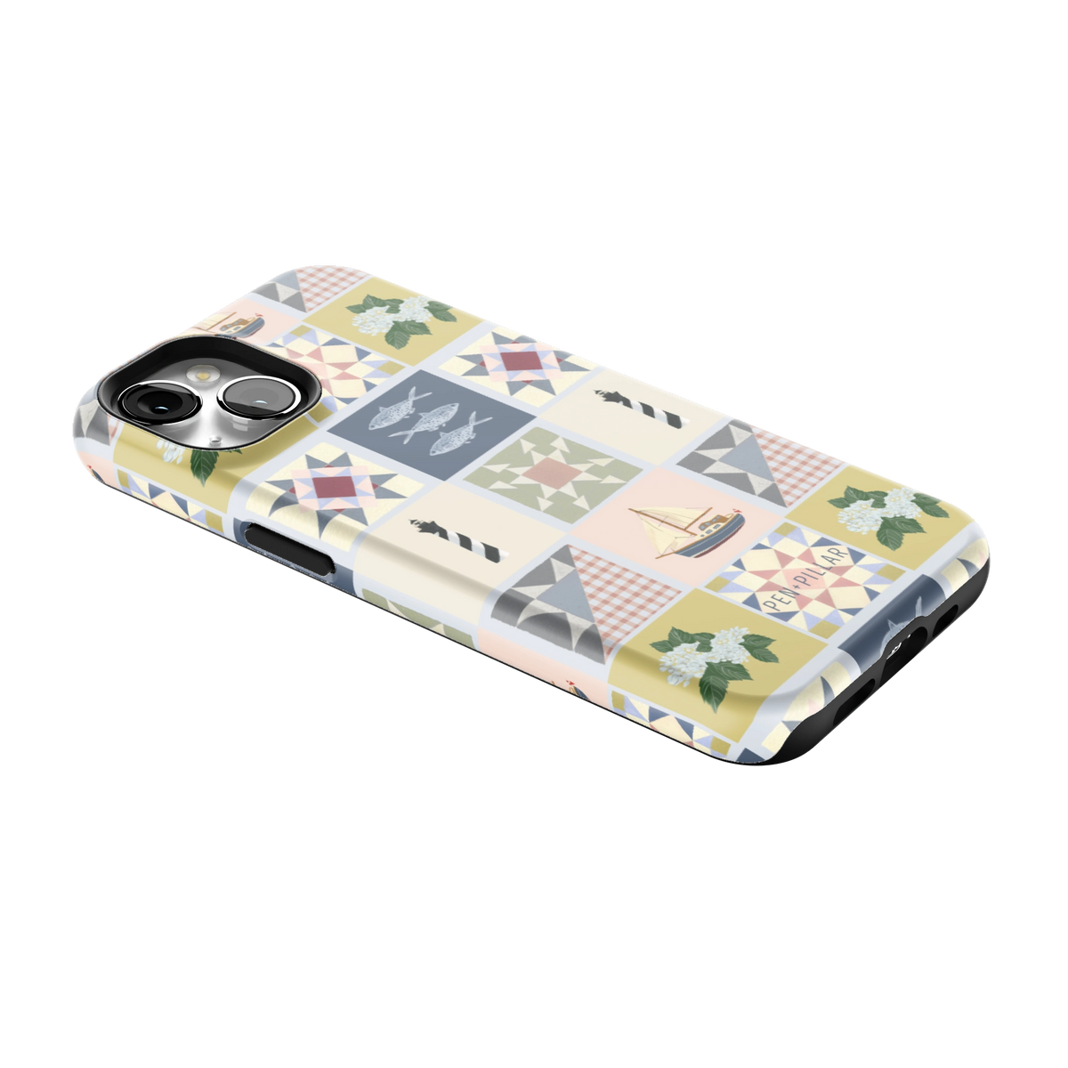 Coastal Quilt iPhone 13 case lying at an angle, showing the side buttons and print wrapping the edges