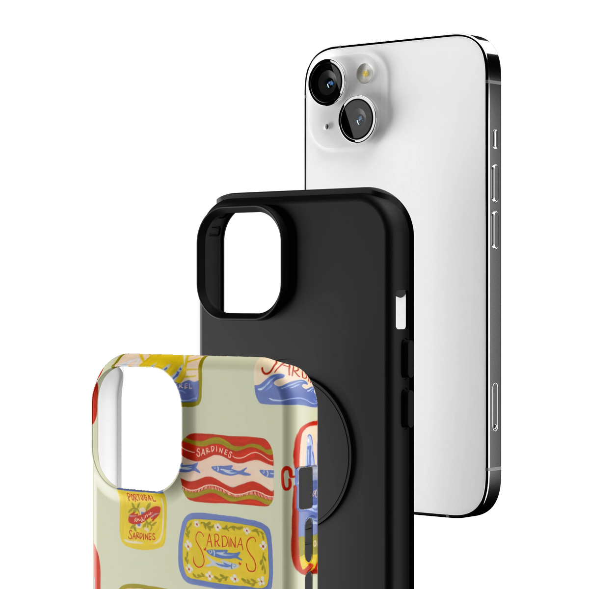 Exploded view of the Sardines Personalized iPhone 13 case: printed shell, black inner layer with MagSafe ring, and phone