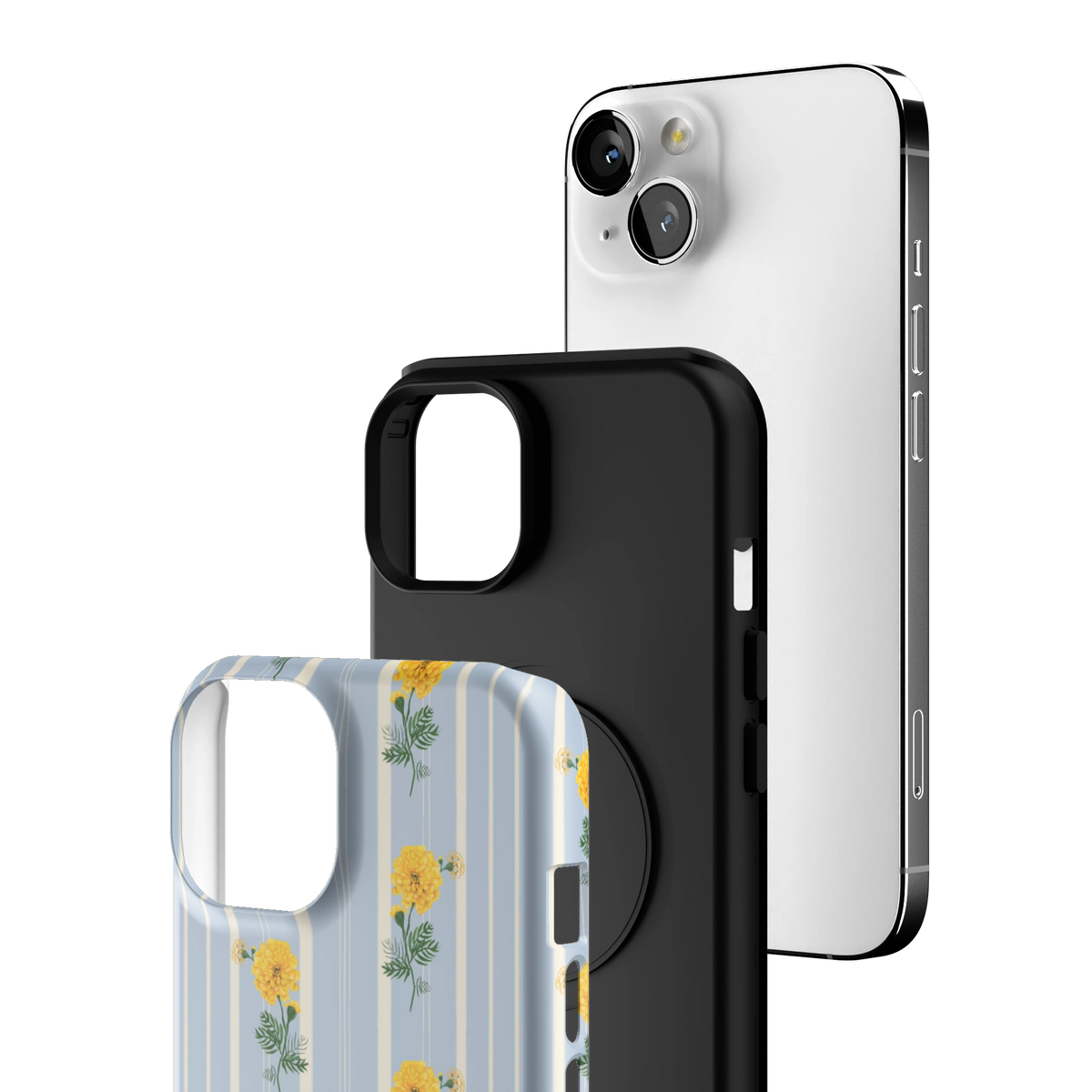 Exploded view of the October Birth Month iPhone 13 case: printed shell, black inner layer with MagSafe ring, and phone
