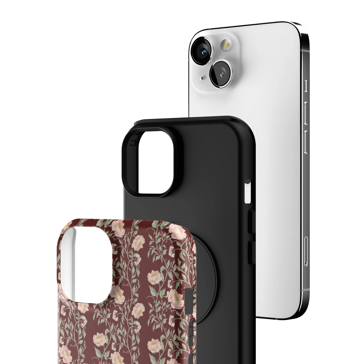 Exploded view of the Thicket iPhone 13 case: printed shell, black inner layer with MagSafe ring, and phone