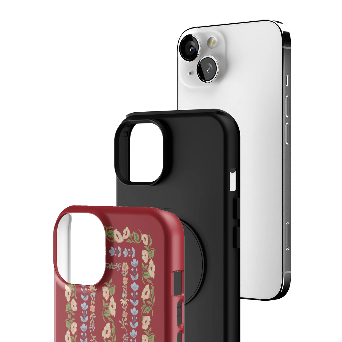 Exploded view of the Fiona iPhone 13 case: printed shell, black inner layer with MagSafe ring, and phone