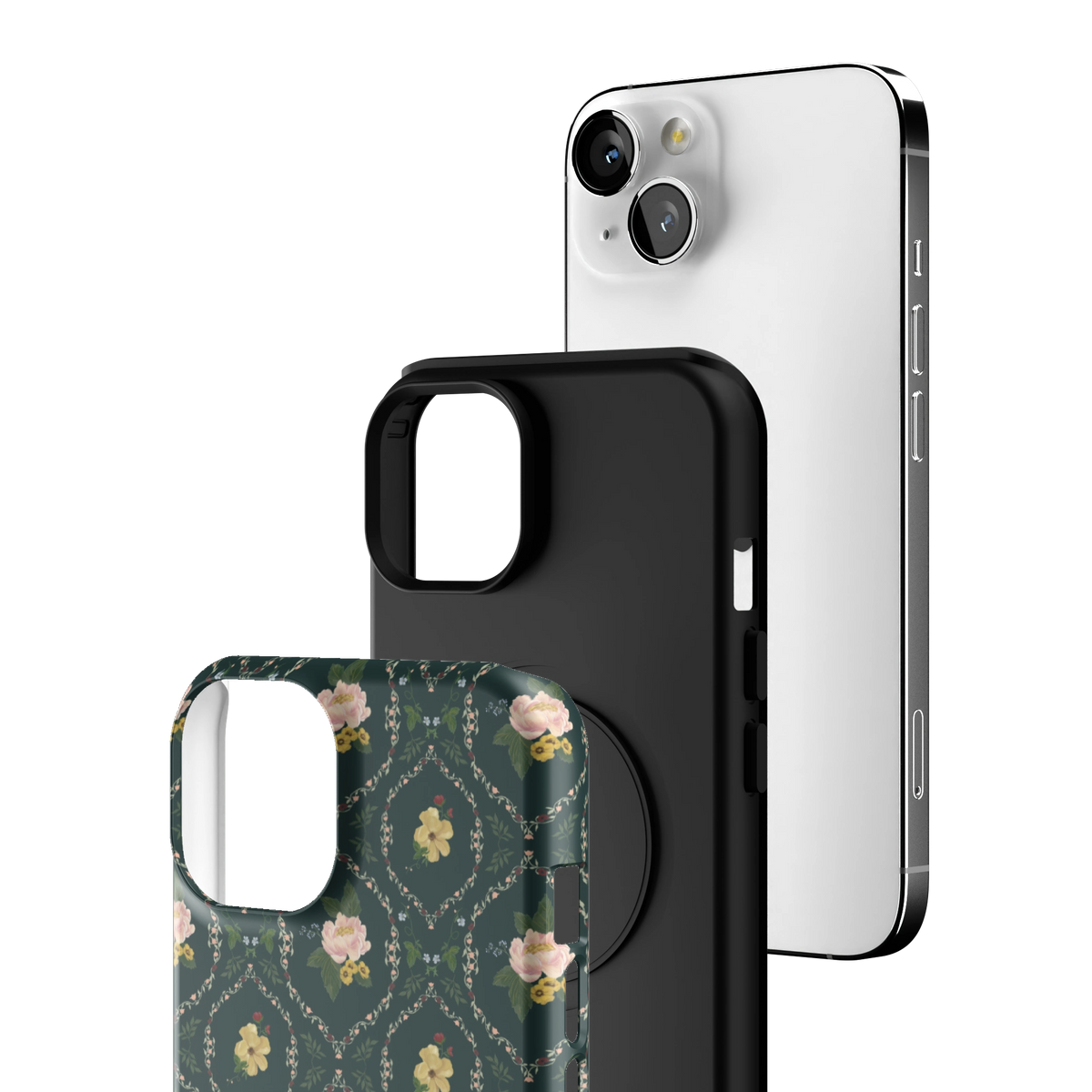 Exploded view of the Meadow iPhone 13 case: printed shell, black inner layer with MagSafe ring, and phone