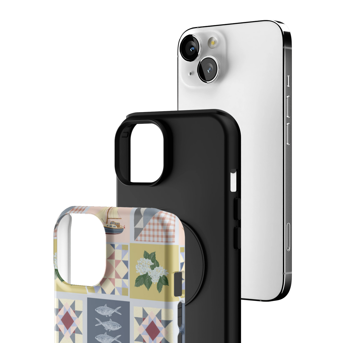 Exploded view of the Coastal Quilt iPhone 13 case: printed shell, black inner layer with MagSafe ring, and phone