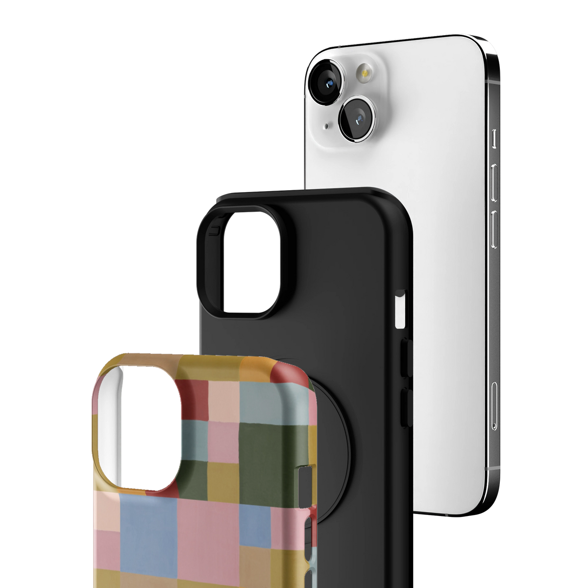 Exploded view of the Colorblock iPhone 13 case: printed shell, black inner layer with MagSafe ring, and phone