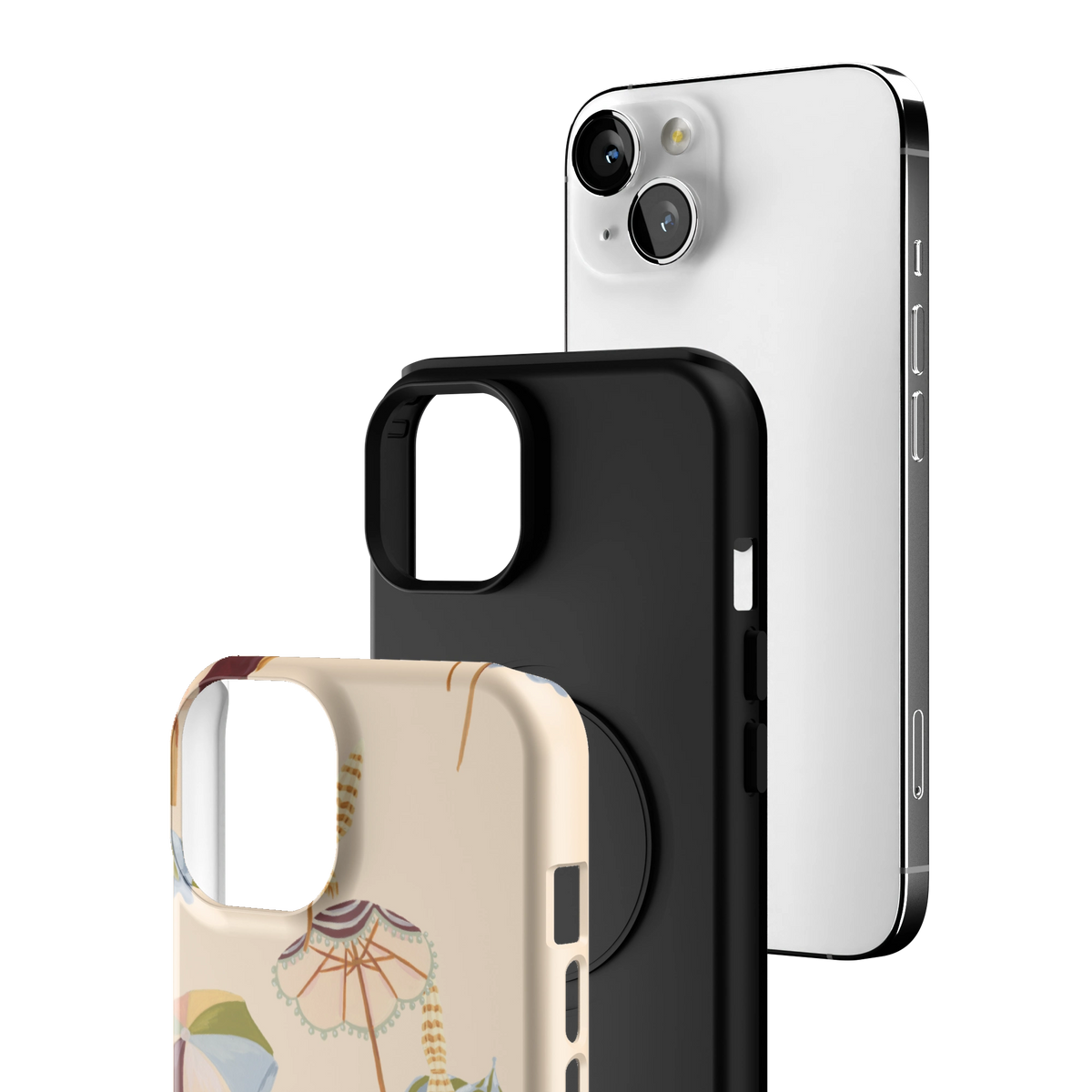 Exploded view of the Umbrellas Personalized iPhone 13 case: printed shell, black inner layer with MagSafe ring, and phone