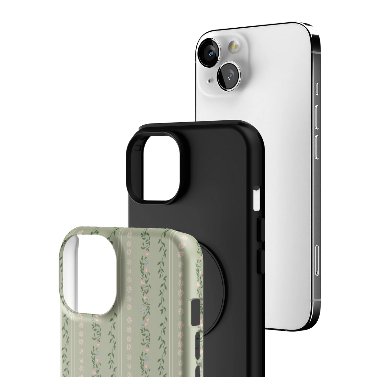 Exploded view of the Camellia iPhone 13 case: printed shell, black inner layer with MagSafe ring, and phone