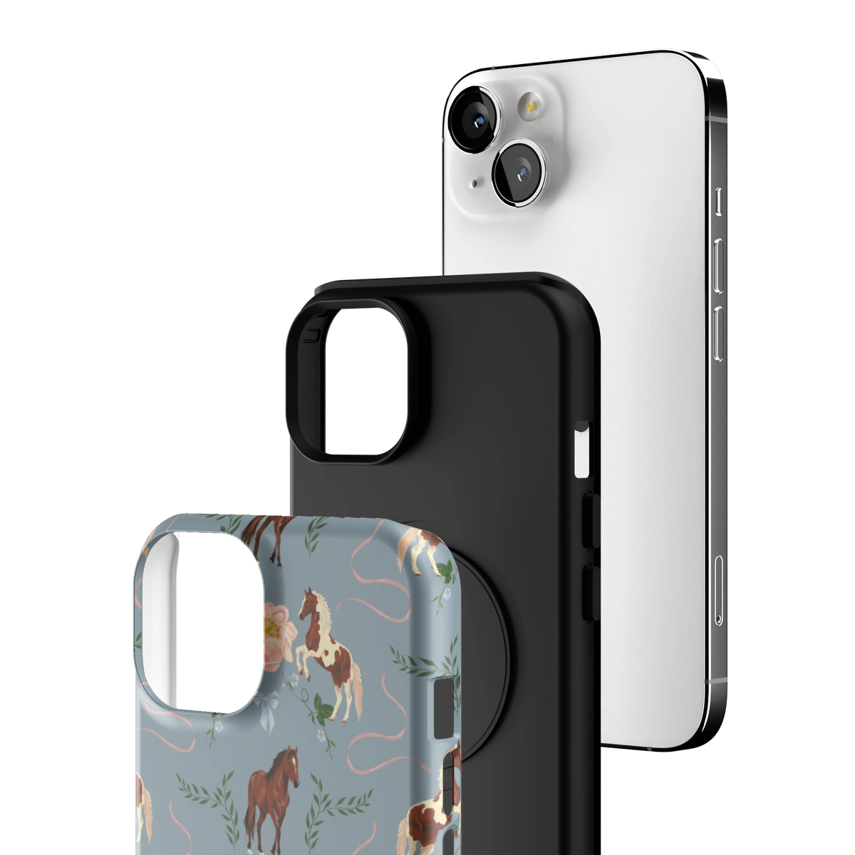 Exploded view of the Prairie Personalized iPhone 13 case: printed shell, black inner layer with MagSafe ring, and phone