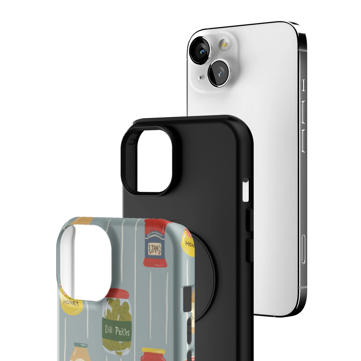 Exploded view of the Preserves Personalized iPhone 13 case: printed shell, black inner layer with MagSafe ring, and phone