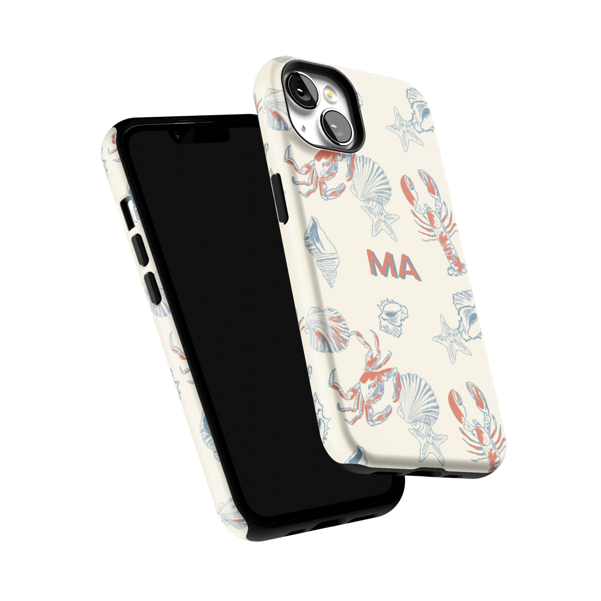 Mariner Personalized iPhone 13 case tilted to show the raised edges around the screen and camera