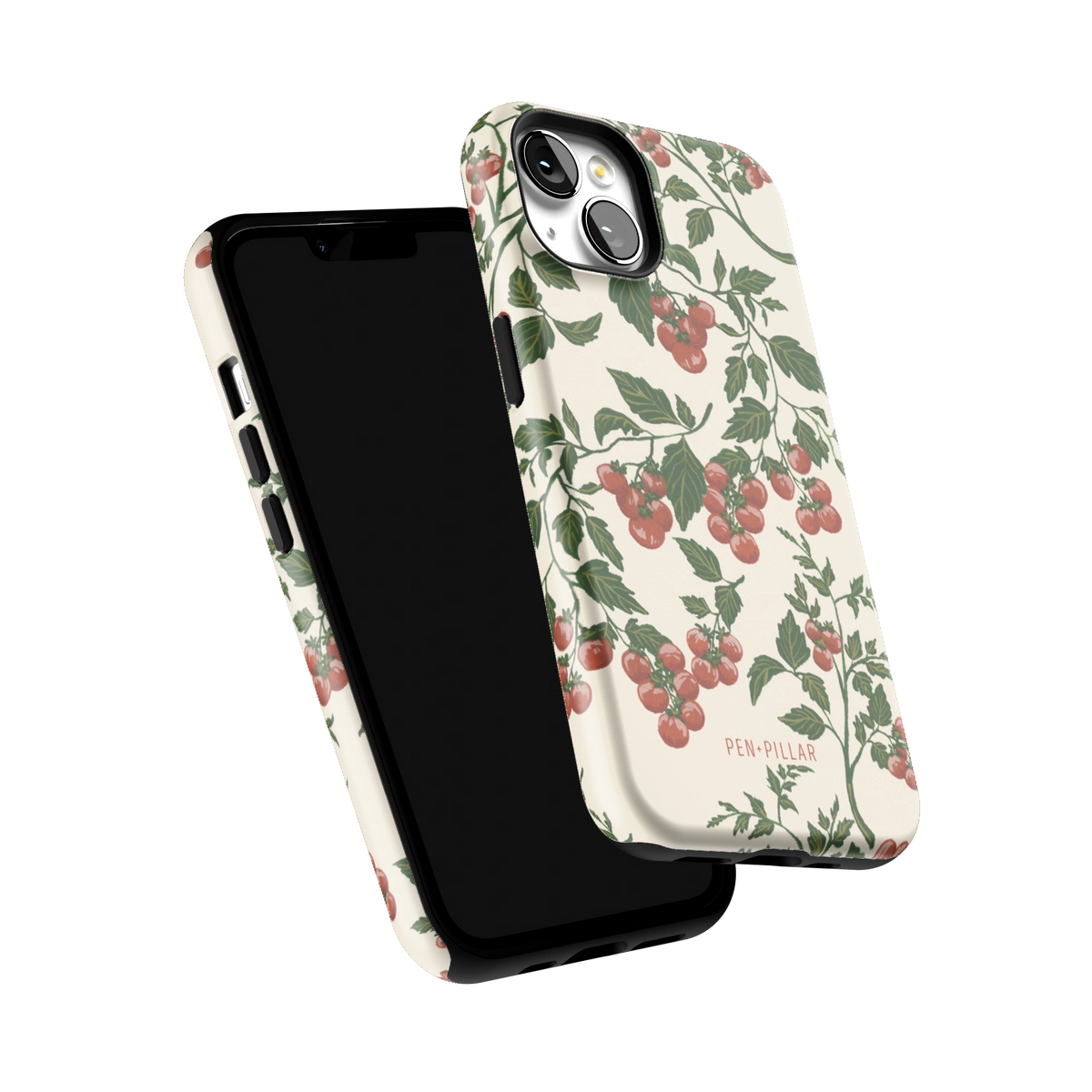 Tomato Vines iPhone 13 case tilted to show the raised edges around the screen and camera