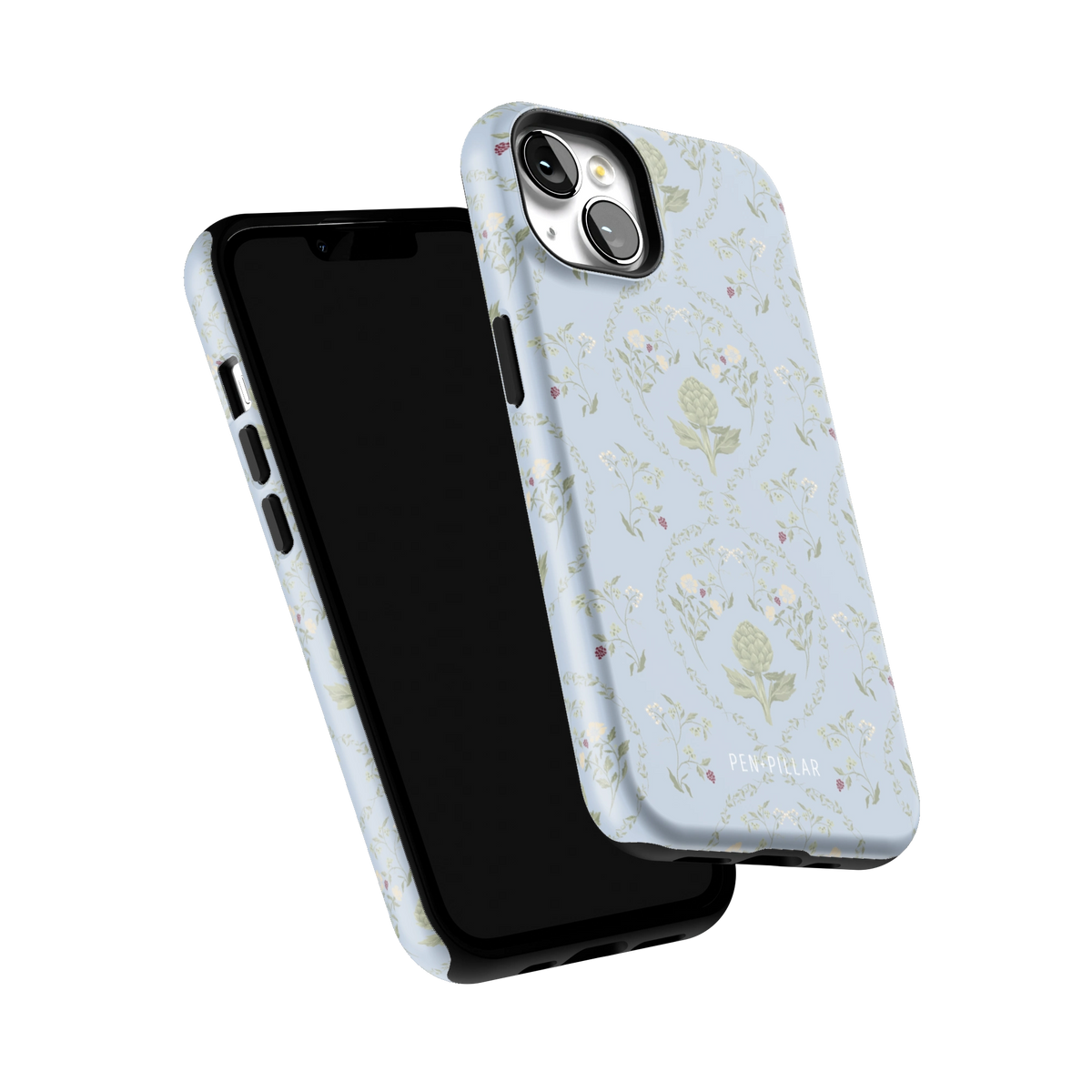 Artichoke iPhone 13 case tilted to show the raised edges around the screen and camera