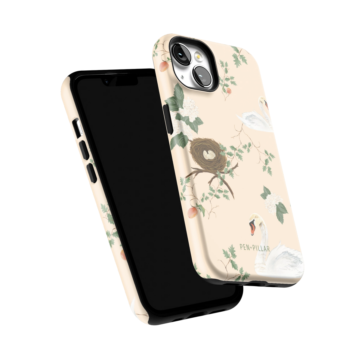 Swan Hollow iPhone 13 case tilted to show the raised edges around the screen and camera