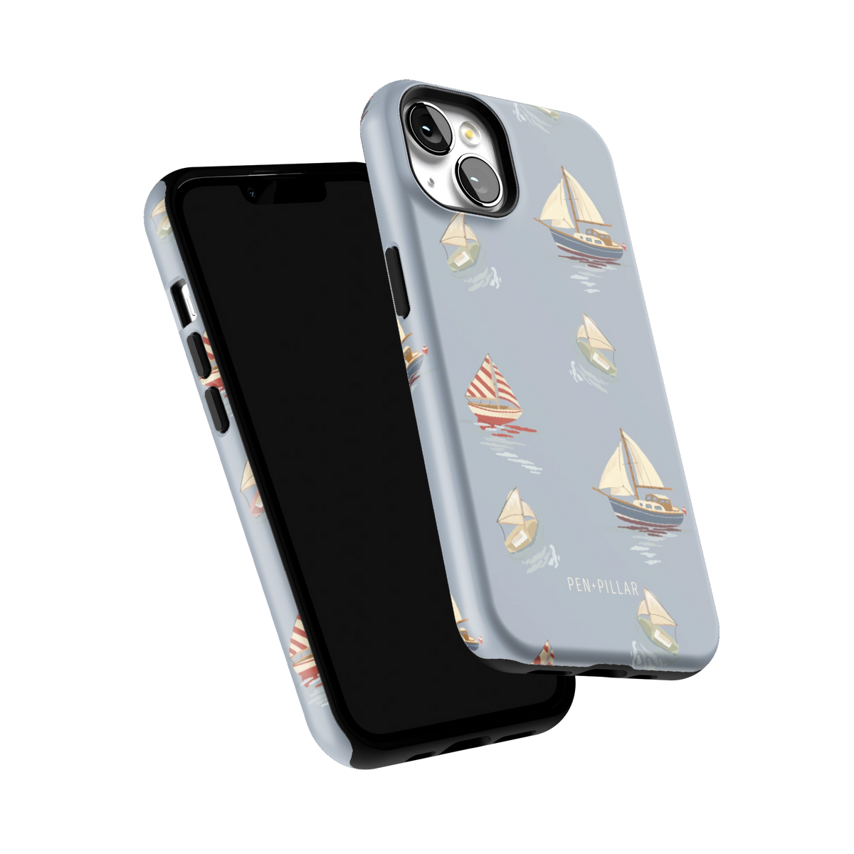 Harbor iPhone 13 case tilted to show the raised edges around the screen and camera