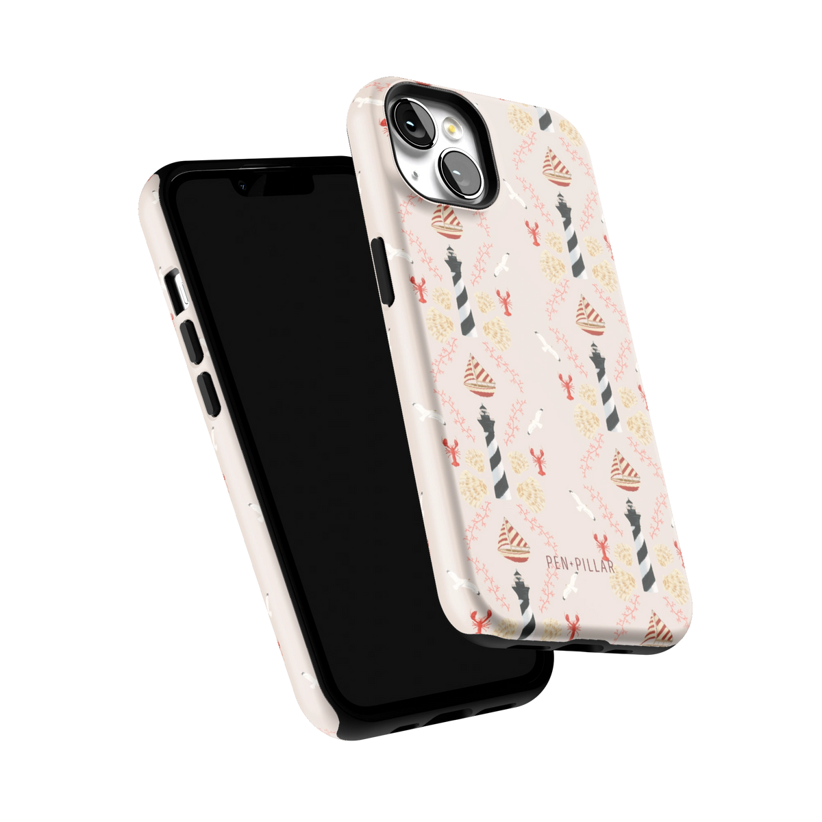 Lighthouse iPhone 13 case tilted to show the raised edges around the screen and camera