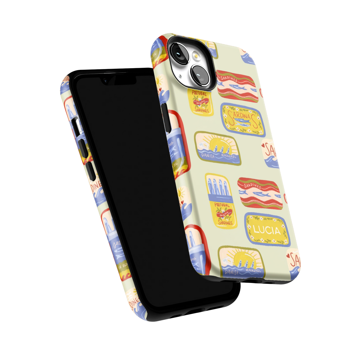 Sardines Personalized iPhone 13 case tilted to show the raised edges around the screen and camera
