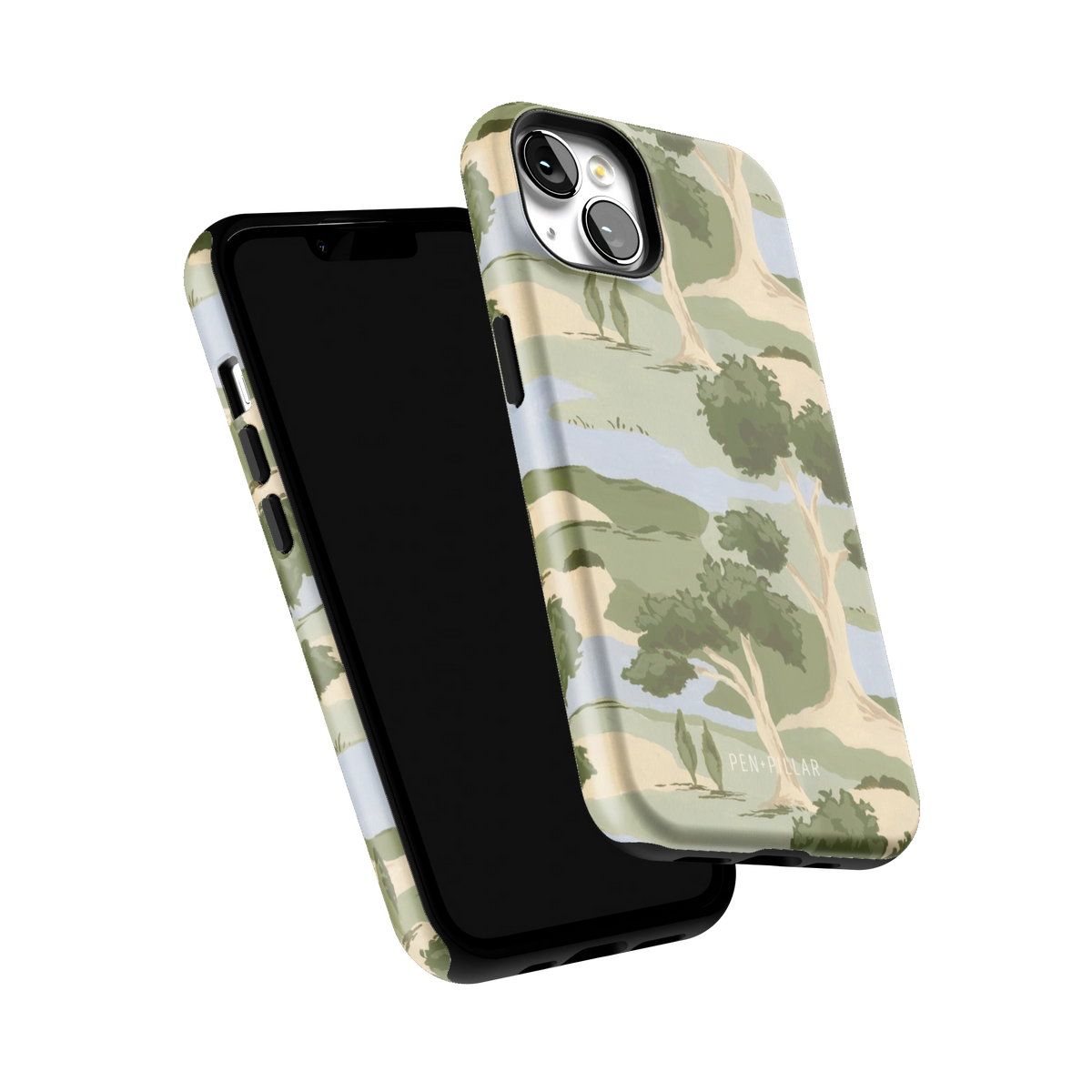 Orchard iPhone 13 case tilted to show the raised edges around the screen and camera