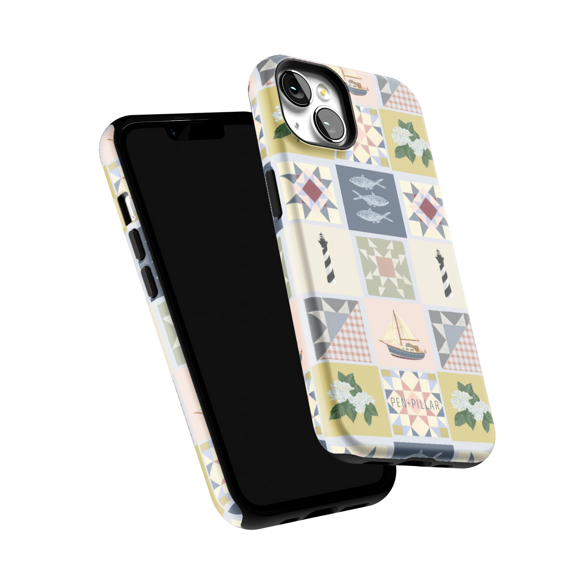 Coastal Quilt iPhone 13 case tilted to show the raised edges around the screen and camera