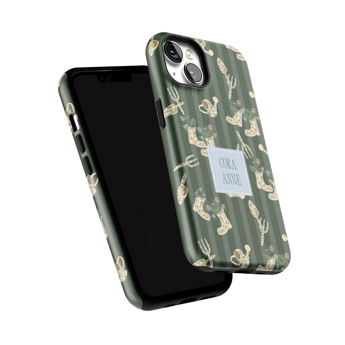 In the Garden Personalized iPhone 13 case tilted to show the raised edges around the screen and camera