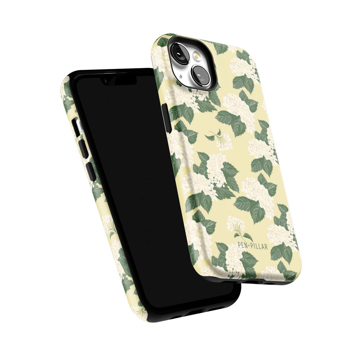 Hydrangea iPhone 13 case tilted to show the raised edges around the screen and camera