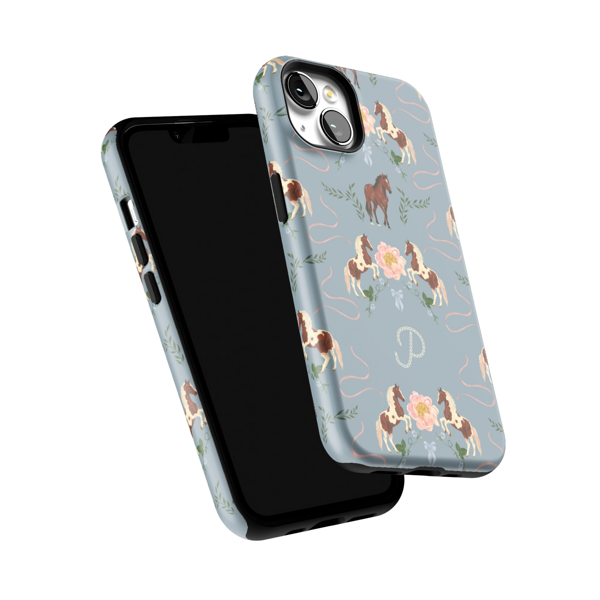 Prairie Personalized iPhone 13 case tilted to show the raised edges around the screen and camera