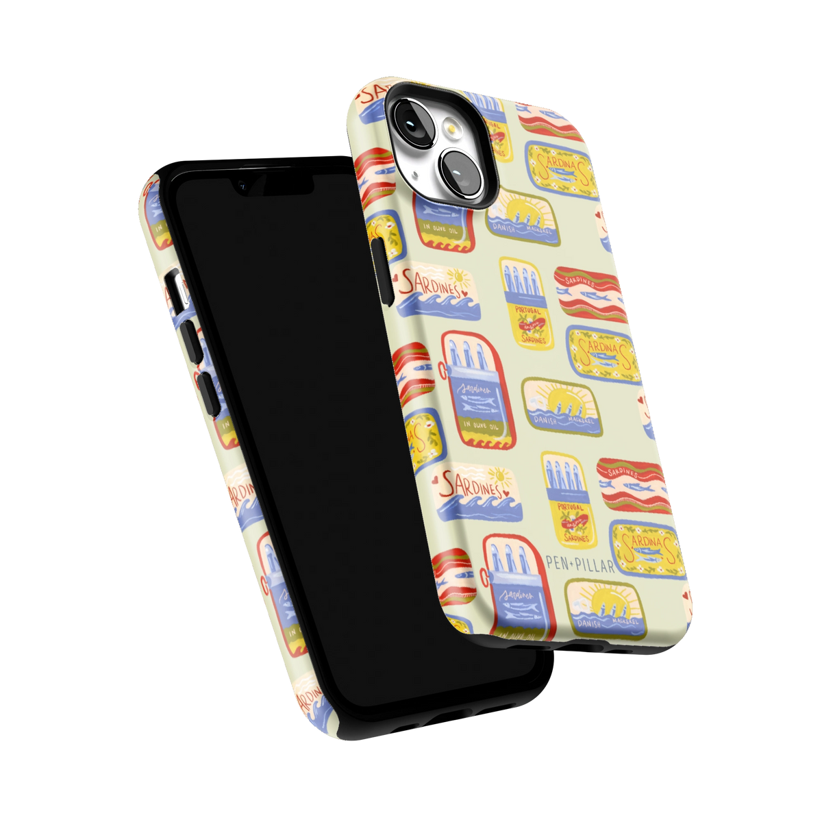 Sardines iPhone 13 case tilted to show the raised edges around the screen and camera
