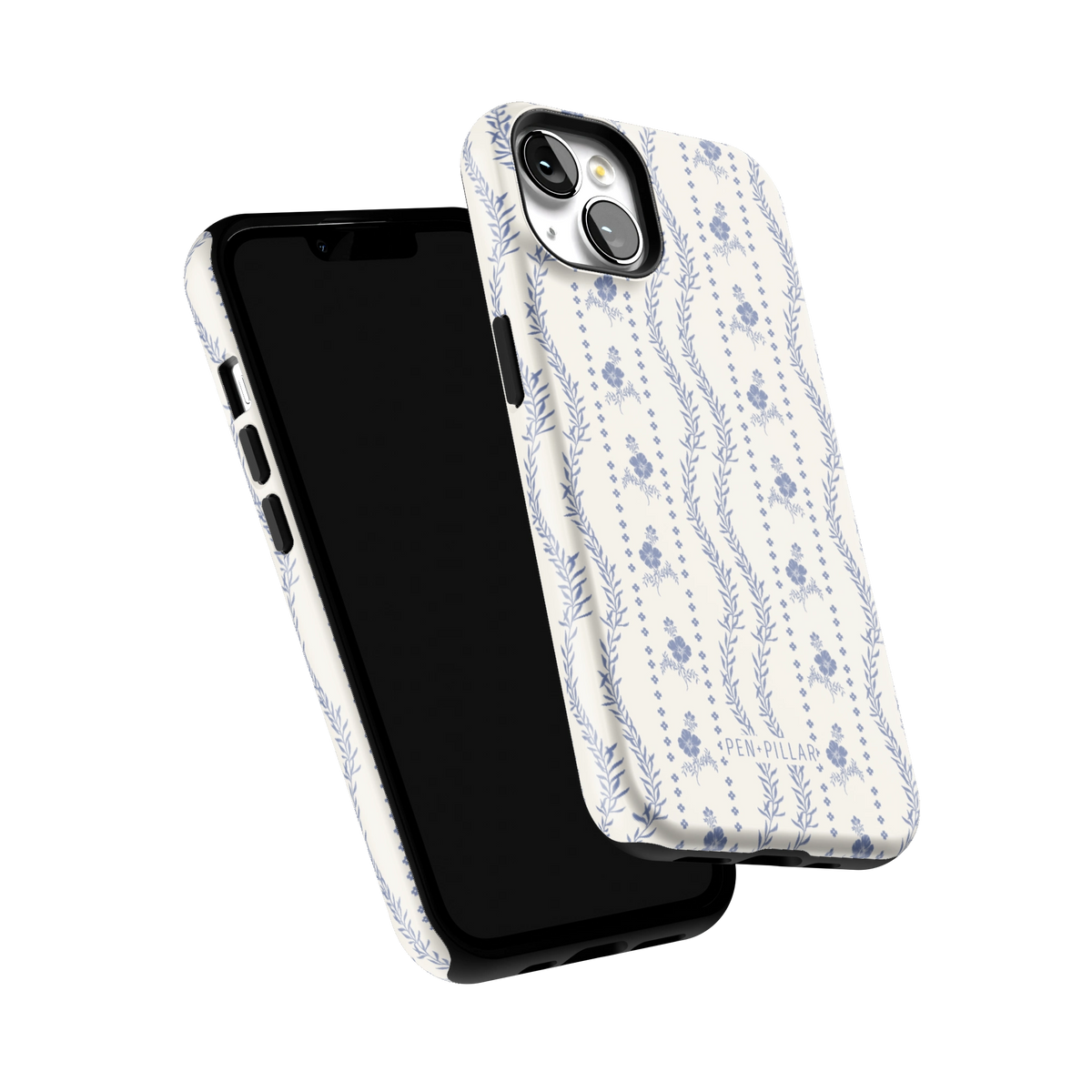 Riviera iPhone 13 case tilted to show the raised edges around the screen and camera